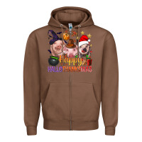 Chestnut Happy Hallothanksmas Pigs Zipper Hoodie - NancyCooperArtShop