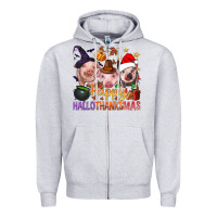 Heather Grey Happy Hallothanksmas Pigs Zipper Hoodie - NancyCooperArtShop