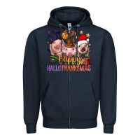 Navy Happy Hallothanksmas Pigs Zipper Hoodie - NancyCooperArtShop
