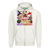 Oatmeal Heather Happy Hallothanksmas Pigs Zipper Hoodie - NancyCooperArtShop
