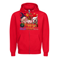 Red Happy Hallothanksmas Pigs Zipper Hoodie - NancyCooperArtShop