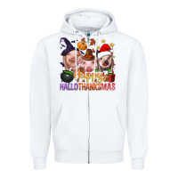 White Happy Hallothanksmas Pigs Zipper Hoodie - NancyCooperArtShop