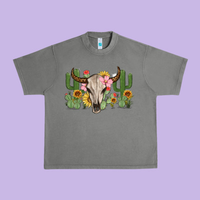 Bull Skull With Cactus Urban Heavy Tee Designed By Maliassmallbusiness