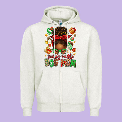 Santas Favorite Dog Mom Afro Messy Bun Zipper Hoodie Designed By Texasbilliewilder