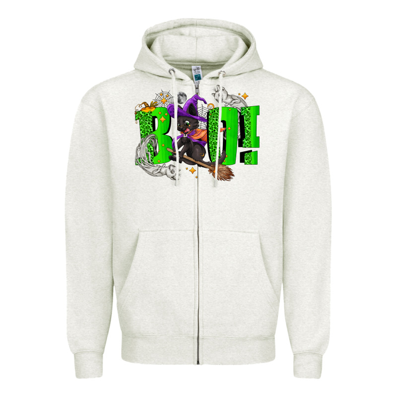 Boo! With Black Cat Halloween Zipper Hoodie by NancyCooperArtShop | Teevron