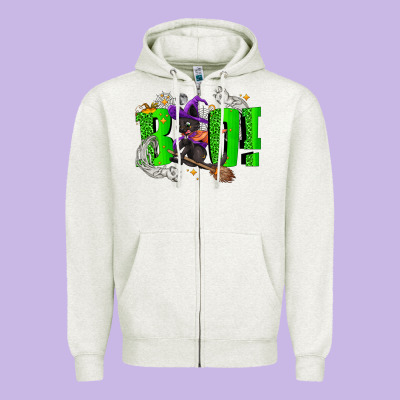 Boo! With Black Cat Halloween Zipper Hoodie Designed By Nancycooperartshop