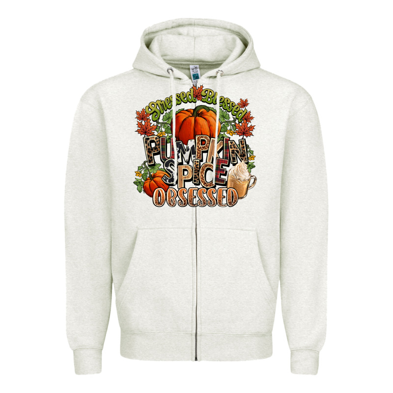 Stressed Blessed Pumpkin Spice Obsessed Fall Zipper Hoodie by NancyCooperArtShop | Teevron