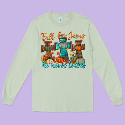 Fall For Jesus He Never Leaves Long Sleeve Tee Designed By Bundleandbundleshop