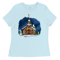 Baby Blue Christmas church and snow Ladies Tee - AdoDesignShop