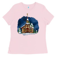 Bubblegum Pink Christmas church and snow Ladies Tee - AdoDesignShop