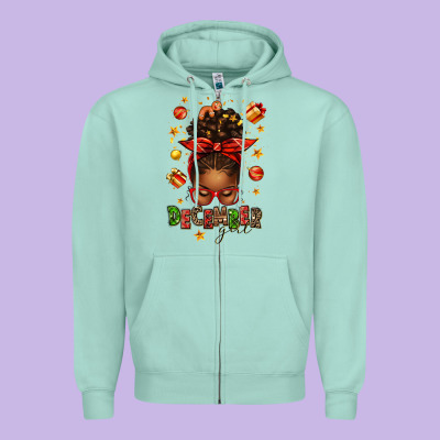 December Girl Christmas Afro Messy Bun Zipper Hoodie Designed By Texasbilliewilder