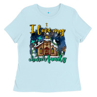 Baby Blue Christmas church and snow   ı love my church family Ladies Tee - AdoDesignShop