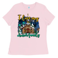 Bubblegum Pink Christmas church and snow   ı love my church family Ladies Tee - AdoDesignShop