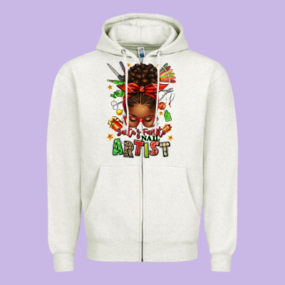 Santa's Favorite Nail Artist Afro Messy Bun Zipper Hoodie Designed By Texasbilliewilder