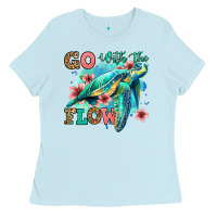 Baby Blue go with the flow floral turtle Ladies Tee - Jasminsmagicworld