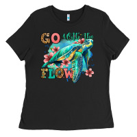 Black go with the flow floral turtle Ladies Tee - Jasminsmagicworld