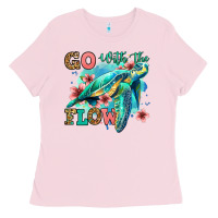 Bubblegum Pink go with the flow floral turtle Ladies Tee - Jasminsmagicworld