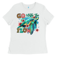 White go with the flow floral turtle Ladies Tee - Jasminsmagicworld