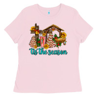 Bubblegum Pink tis the seasin with christmas cake abd jesus Ladies Tee - AdoDesignShop