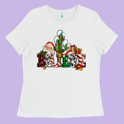 Believe Christmas And Santa Ladies Tee Designed By Adodesignshop