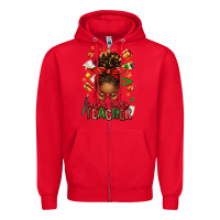 Red santa's favorite teacher afro messy bun Zipper Hoodie - texasbilliewilder