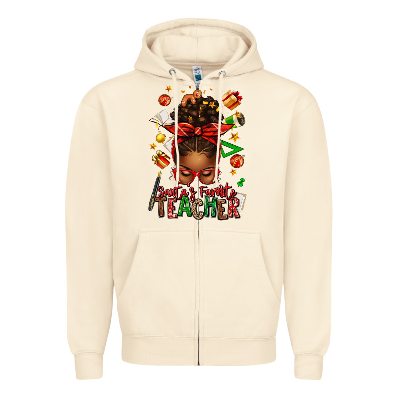 Santa's Favorite Teacher Afro Messy Bun Zipper Hoodie by texasbilliewilder | Teevron