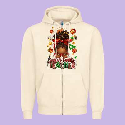 Santa's Favorite Teacher Afro Messy Bun Zipper Hoodie Designed By Texasbilliewilder