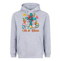 Heather Grey He is risen with Cross Easter Day Heavyweight Hoodie - HowdyJamesFarm