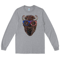 Heather Grey bison with american flag glasses Long Sleeve Tee - RanaPortraitStore