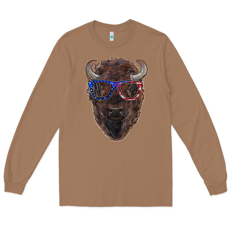 Bison With American Flag Glasses Long Sleeve Tee by RanaPortraitStore | Teevron