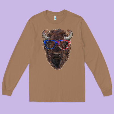 Bison With American Flag Glasses Long Sleeve Tee Designed By Ranaportraitstore