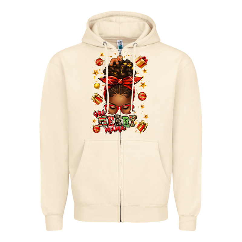 One Merry Mama Christmas Afro Messy Bun Zipper Hoodie by texasbilliewilder | Teevron