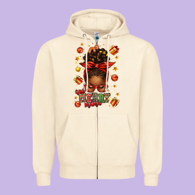 One Merry Mama Christmas Afro Messy Bun Zipper Hoodie Designed By Texasbilliewilder
