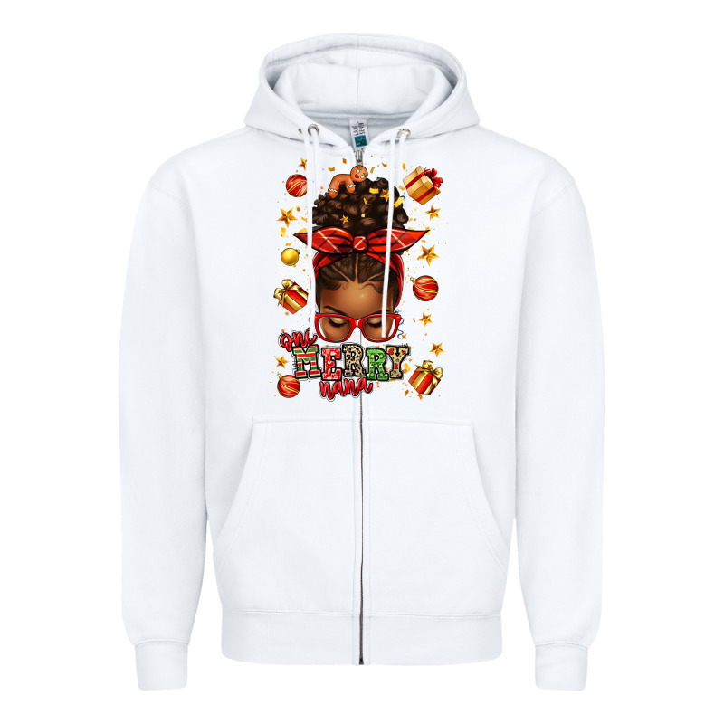 One Merry Nana Christmas Afro Messy Bun Zipper Hoodie by texasbilliewilder | Teevron