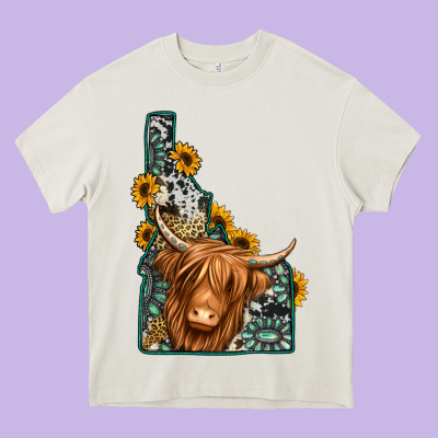 Idaho Map Long Haired Cow Heavy Core Tee Designed By Jasminsmagicworld