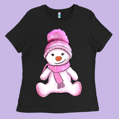 Winter Pink Snowman And Hat Ladies Tee Designed By Adodesignshop