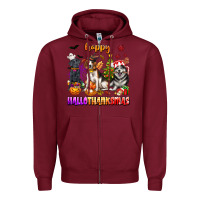 Burgundy happy hallothanksmas dogs Zipper Hoodie - texasbilliewilder
