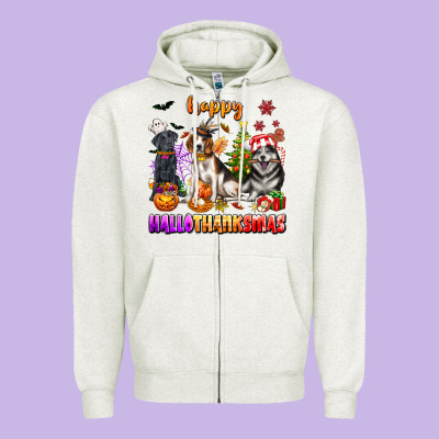 Happy Hallothanksmas Dogs Zipper Hoodie Designed By Texasbilliewilder