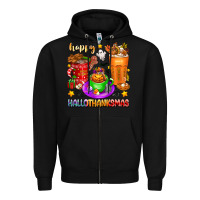 Black Happy Hallothanksmas coffee cups Zipper Hoodie - texasbilliewilder