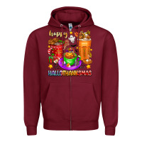 Burgundy Happy Hallothanksmas coffee cups Zipper Hoodie - texasbilliewilder