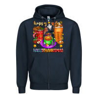 Navy Happy Hallothanksmas coffee cups Zipper Hoodie - texasbilliewilder