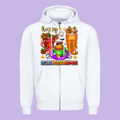 Happy Hallothanksmas Coffee Cups Zipper Hoodie Designed By Texasbilliewilder