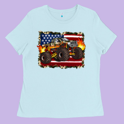 American Flag Monster Truck Ladies Tee Designed By Artiststas
