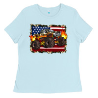 Baby Blue american flag monster truck Ladies Tee - Artiststas