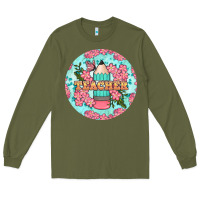 Army Green teacher floral pencil round earring Long Sleeve Tee - BundleAndBundleShop