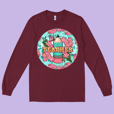 Teacher Floral Pencil Round Earring Long Sleeve Tee Designed By Bundleandbundleshop