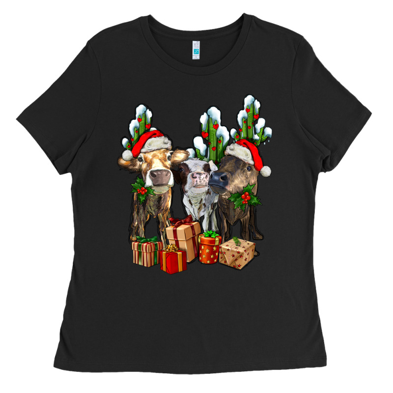 Western Christmas Cows And Cactuses Ladies Tee by AdoDesignShop | Teevron