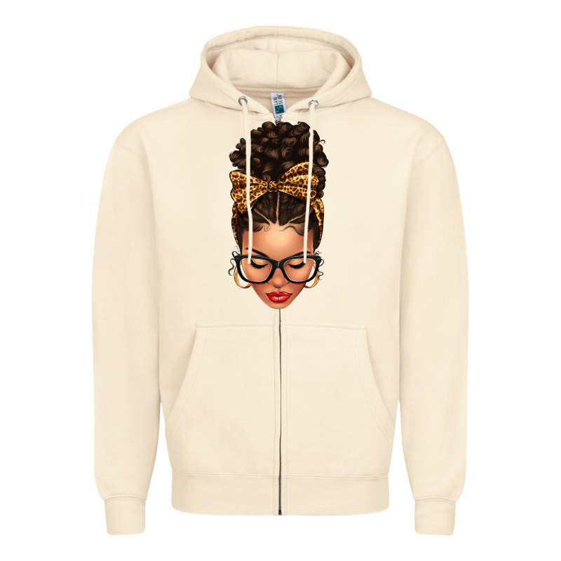 Light Skin Afro Messy Bun Leopard Bow Zipper Hoodie by texasbilliewilder | Teevron