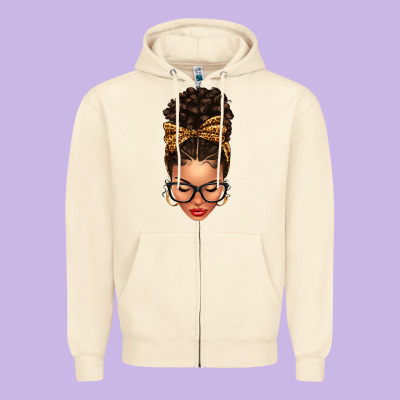 Light Skin Afro Messy Bun Leopard Bow Zipper Hoodie Designed By Texasbilliewilder