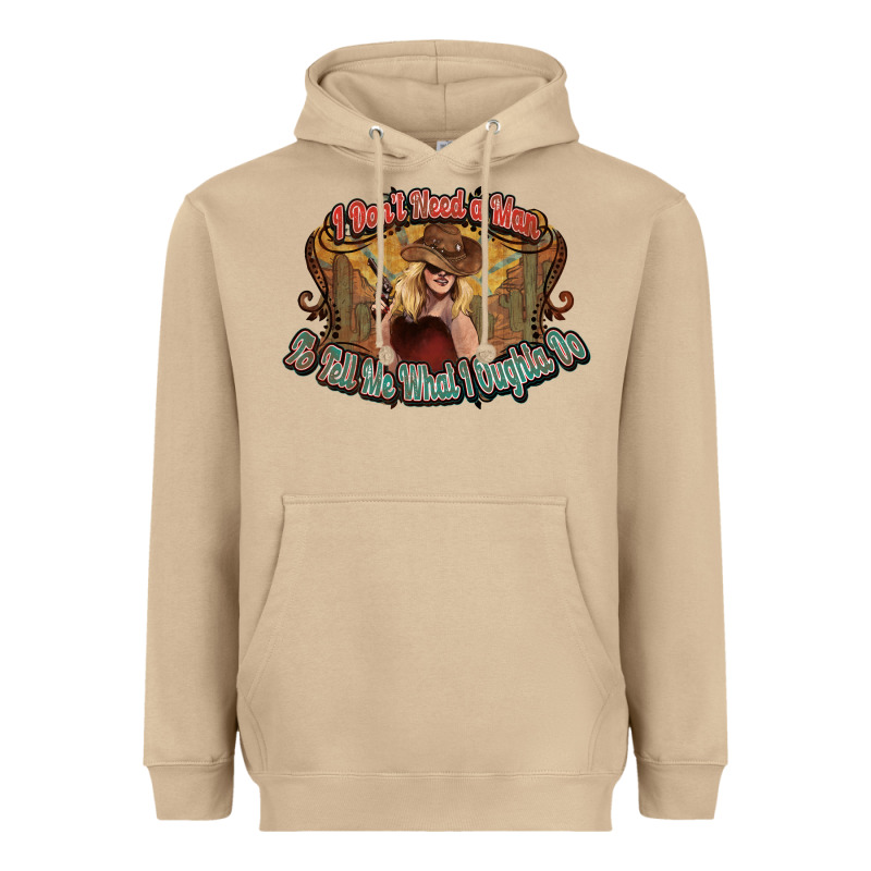 I Don't Need A Man Cowgirl Western Heavyweight Hoodie by HowdyJamesFarm | Teevron